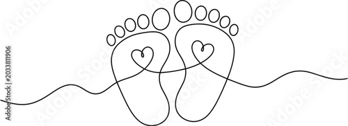 Minimalist continuous line drawing of baby feet with heart shapes on a plain white background