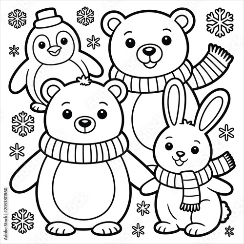 Coloring page with penguin, two bears, and a rabbit in winter scarves
