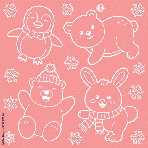 Cute penguin, bear, and rabbit characters with snowflakes on pink background