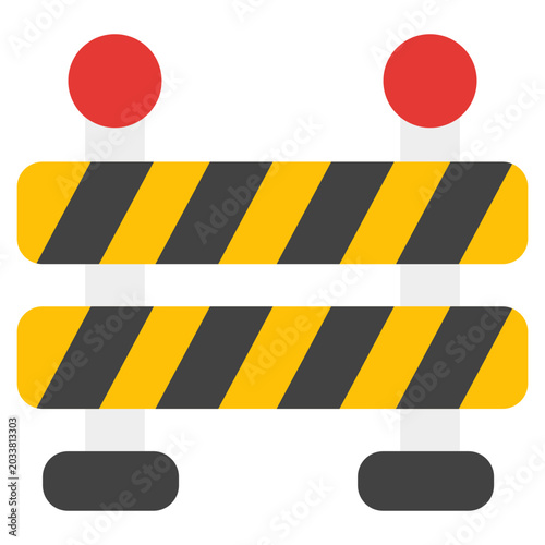 Fényképezés Yellow black striped construction barrier road sign red top lights safety icon