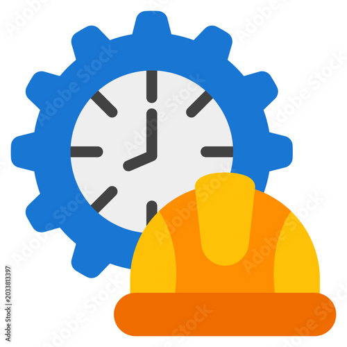 Foto Featuring blue gear clock, white face, dark hands, yelloworange safety helmet, perfect for construction or industrialrelated design projects