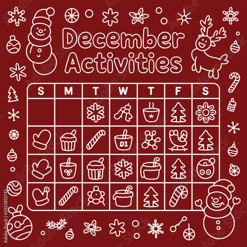 December activities calendar with white line on red background