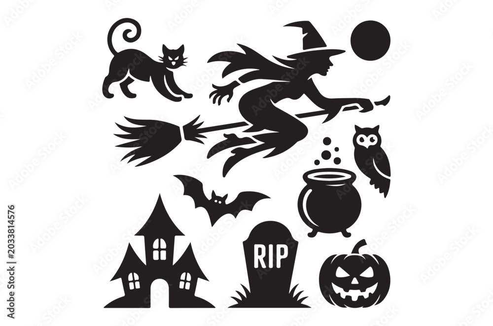 Obraz premium Halloween Silhouette Collection Featuring Witch Cat And Spooky Elements