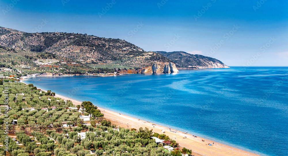 Naklejka premium high view on the mattinata coast in Italy in Puglia with its olive groves and mountain in the background