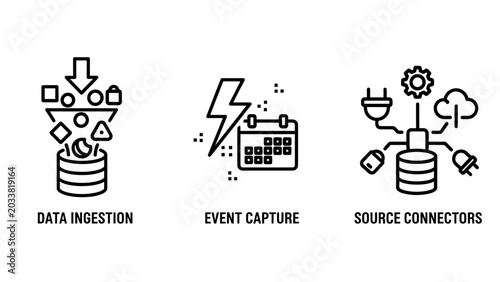 Data ingestion event capture source connectors icons with data management big data real time ingestion connectors database pipeline processing analytics information technology software