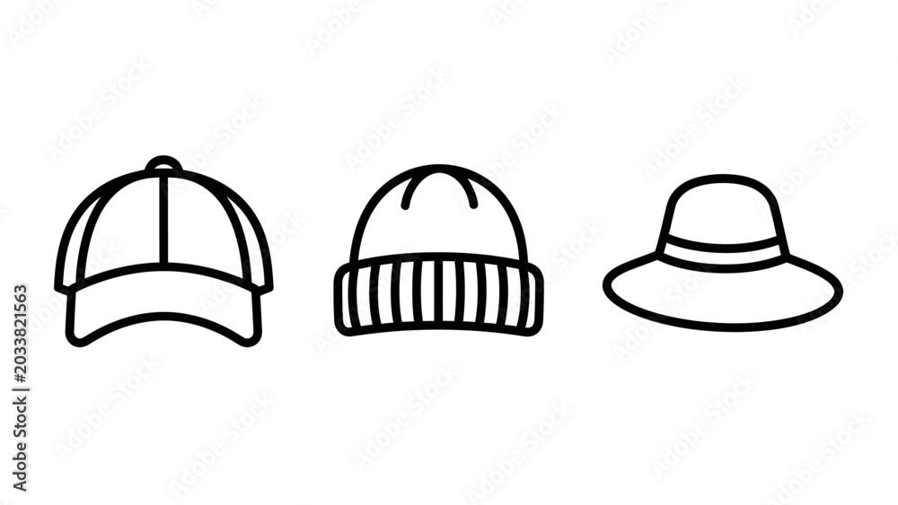 Fototapeta premium Selection of headwear icons including a baseball cap knitted beanie hat and sun hat with headwear clothing accessories baseball wardrobe collection knitting protection sunshade accessory