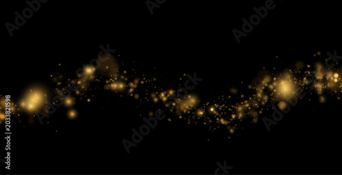 Golden dust forms floating cloud of sparkling light in space. Ideal for luxury visuals, festive backgrounds, and abstract art. Creates magical glowing atmosphere.
