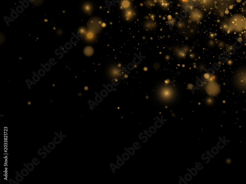 Sparkling gold particles twinkle like fairy lights in dark scene. Ideal for magical, Christmas, and celebration visuals. Adds glowing luxurious atmosphere instantly.