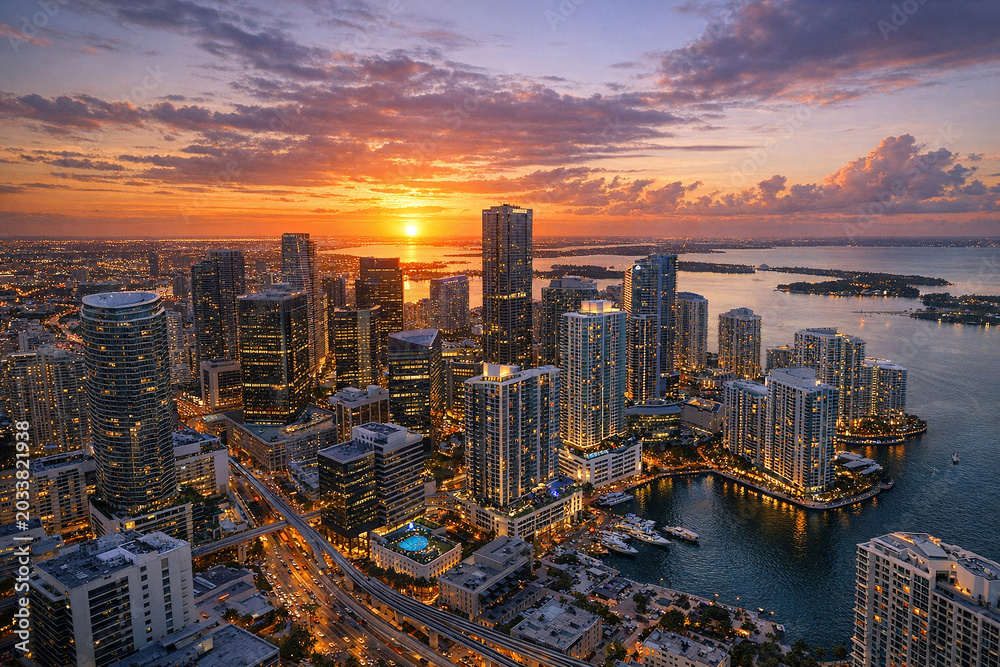 Fototapeta premium Panoramic view of urban buildings at sunset