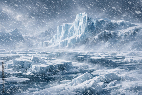 A dramatic scene of a snowstorm in the ocean, with chunks of ice floating on the surface.