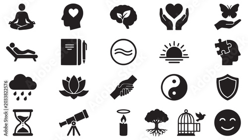 Foto Mental health and wellness solid icon set with meditation mindfulness therapy na