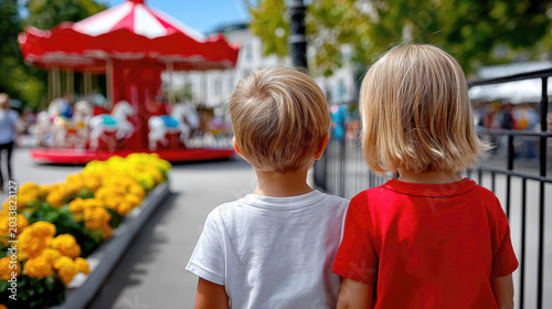 Two children viewed from behind looking at a colorful carousel in an amusement park for summer holiday poster and family outing background