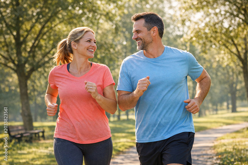 A man and woman jogging together outside