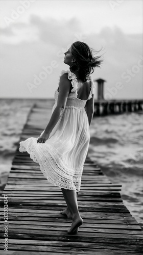 Black and white portrait of barefoot woman walking on wooden pier by the sea