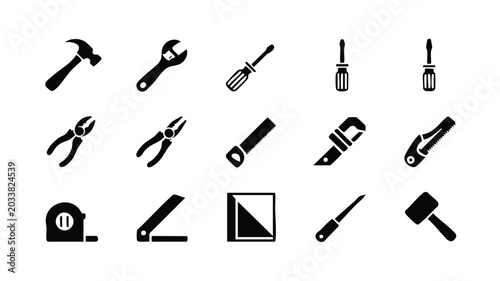 Photos Collection of various hand tools icons on white background for DIY and construct