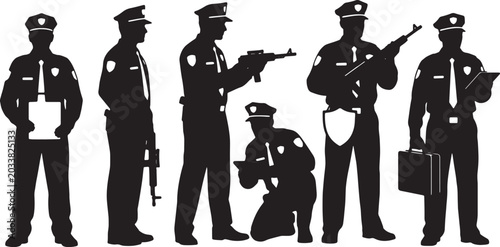Fotografia Black Solid Private Security Guard Silhouettes Set of Six on White Background