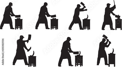 Bild auf Leinwand Black Solid Professional Butchers Swinging Cleavers Silhouettes Set of Six on Wh