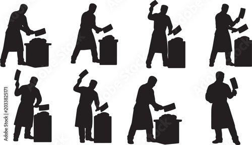 Tableau sur toile Black Solid Professional Butchers Swinging Cleavers Silhouettes Set of Six on Wh