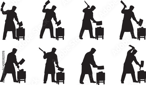 Tableau sur toile Black Solid Professional Butchers Swinging Cleavers Silhouettes Set of Six on Wh