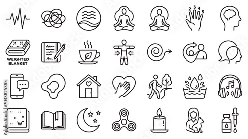 Foto Mental health therapy and self care outline icon set with meditation breathing w