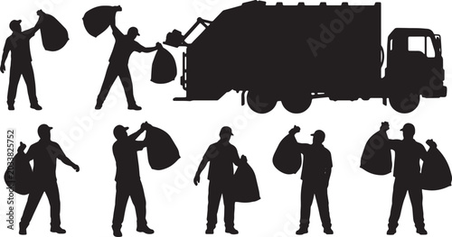 Tableau sur toile Black Solid Sanitation Workers Throwing Garbage Silhouettes Set of Six on White