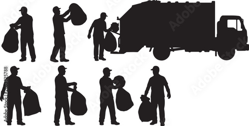 Tableau sur toile Black Solid Sanitation Workers Throwing Garbage Silhouettes Set of Six on White