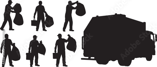 Fotografie Black Solid Sanitation Workers Throwing Garbage Silhouettes Set of Six on White