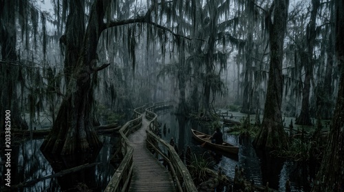 Billede på lærred Mysterious Swamp Boardwalk Path Through Ancient Cypress Trees.
