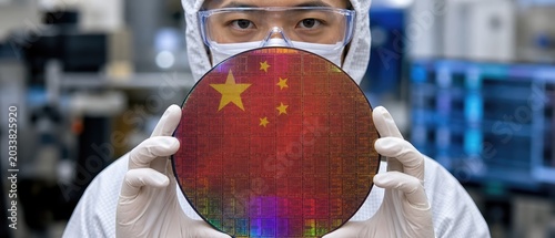 China engineer holding wafer microchip manufacturing chip war restrictions
