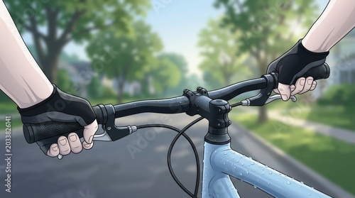 Hands gripping bicycle handlebars on a sunny day in suburban neighborhood, cycling adventure, perfect for outdoor enthusiasts and travel design, sporty and active lifestyle background