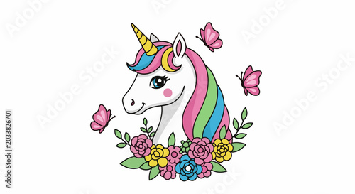 A colorful unicorn adorned with flowers and butterflies