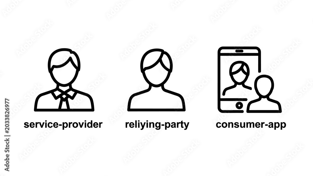 Fototapeta premium User icons: service provider relying party consumer app with user interface user experience smartphone illustration business customer connection communication technology application identity