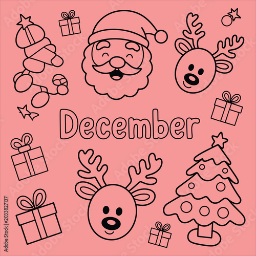December christmas doodle set with santa, reindeer, and gifts