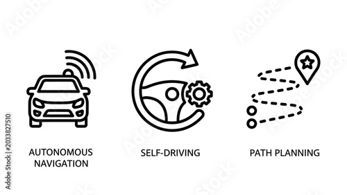 Autonomous vehicles and self-driving car technology icons set with path planning steering wheel future car artificial intelligence machine learning line art autonomous navigation mobility