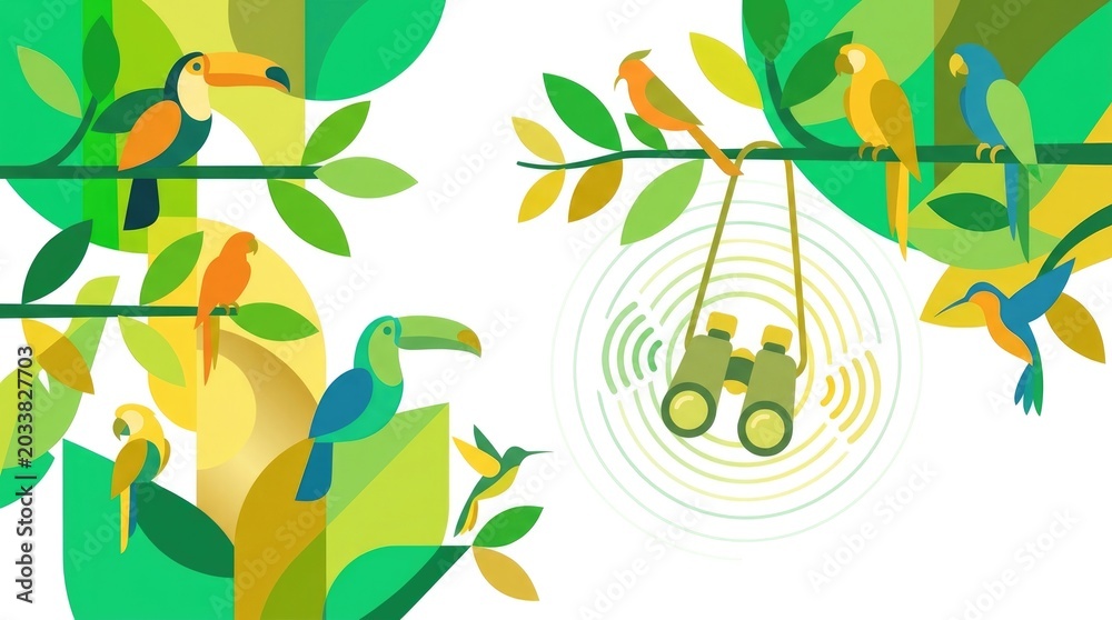 Naklejka premium Birdwatching adventure in lush forest environment with vibrant birds and binoculars for nature exploration and wildlife observation in greenery background
