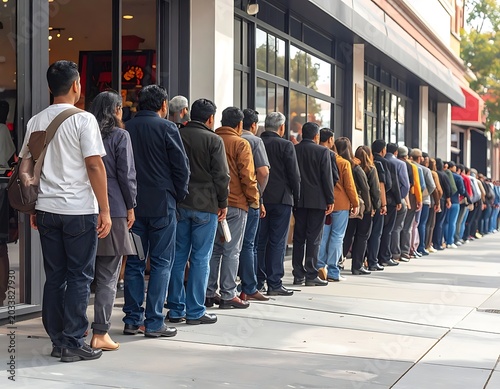 A long line of people waiting outside a store