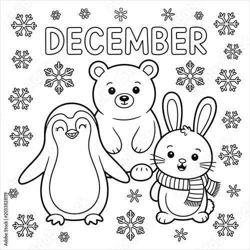 December coloring page with penguin, bear, and rabbit
