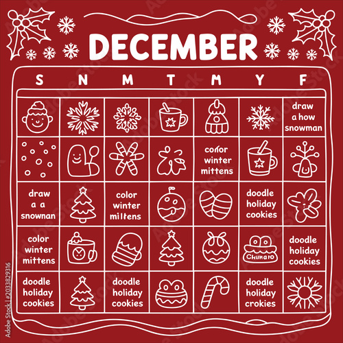 December holiday activity calendar with white line doodles on red background