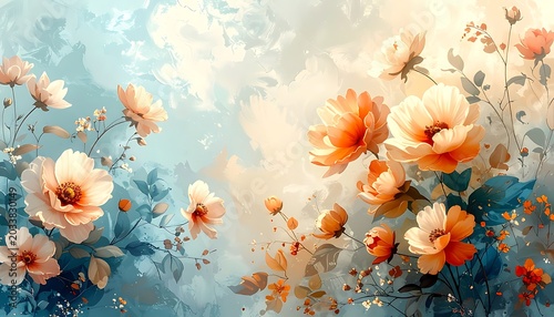 A serene floral arrangement with peach flowers and blue leaves