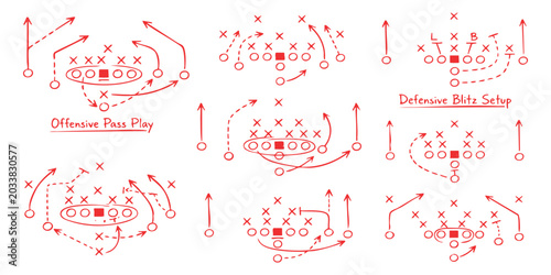Tableau sur toile American football playbook diagrams showing offensive pass plays and defensive b
