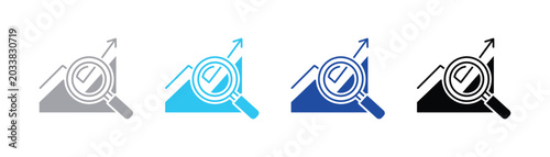 Foto Black icon of a magnifying glass examining a rising graph with upward arrow sign
