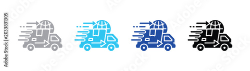 Fotografija Fast delivery truck icon with global transport and speed lines delivery logistic