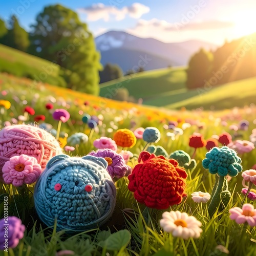 A serene landscape with crocheted objects in a colorful flower field