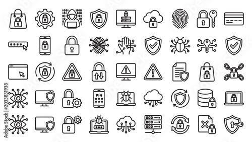 Foto : Cyber Security and Data Protection Line Icon Set with Information Privacy Netw