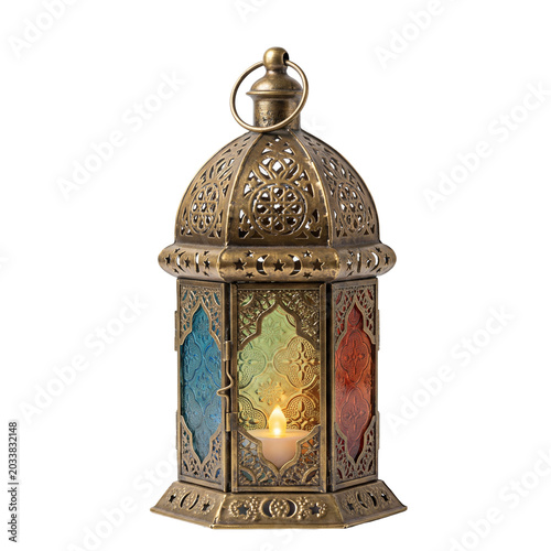 Ornamental Ramadan lantern with candle isolated on white background, representing Islamic celebration, Eid, and festive decoration concepts.