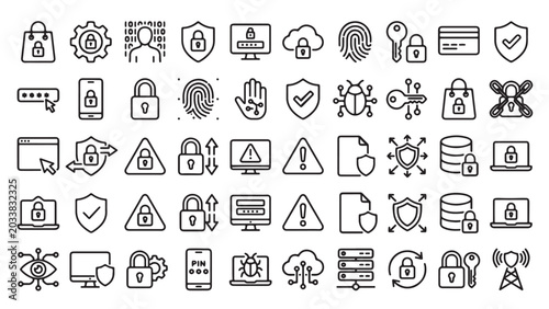 Schilderij op canvas Cyber Security and Data Protection Line Icon Set with Information Privacy Networ