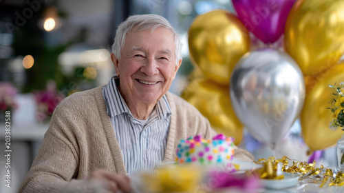 Elderly man smiling at balloon decorated table with colorful cake for cheerful birthday celebration background and banner design