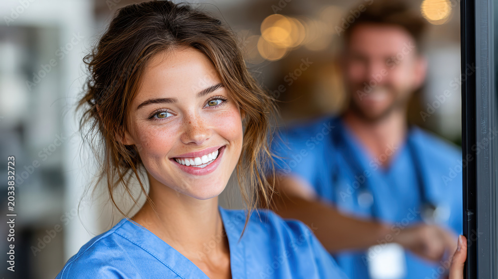 Fototapeta premium Smiling nurse portrait with colleague assisting a patient into a vehicle for staff profile or promotional banner design