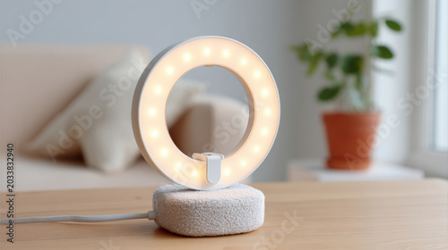 Compact ring light with phone holder on wooden table for content creator background and warm studio lighting