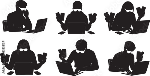 Foto Black Solid Remote Software Tester Smartphone Laptop Silhouettes Set of Six on W